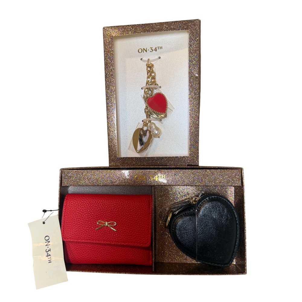 On 34th Wallet and Keychain Gift Set Womens OS Red Black Heart Bow Accessory